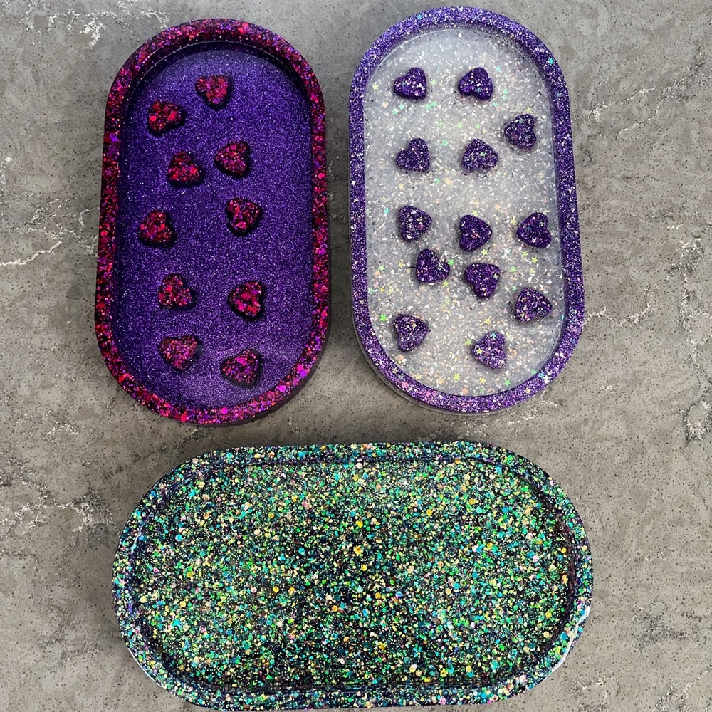 Hand Crafted Glitter Heart Trays - Purple, Pink, Green